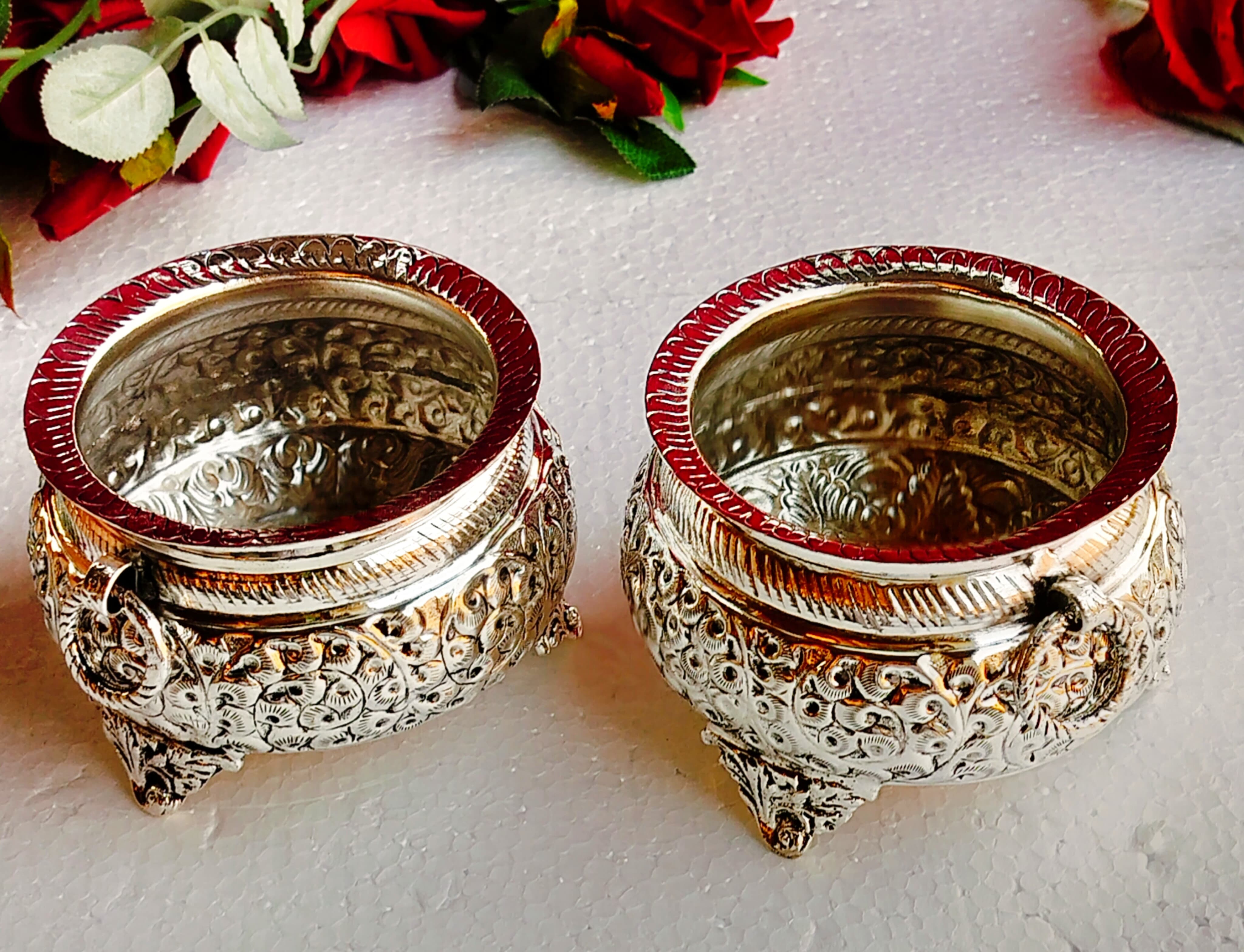 German silver set of 2 antique finish new mini urli bowl with both side kada/rings
